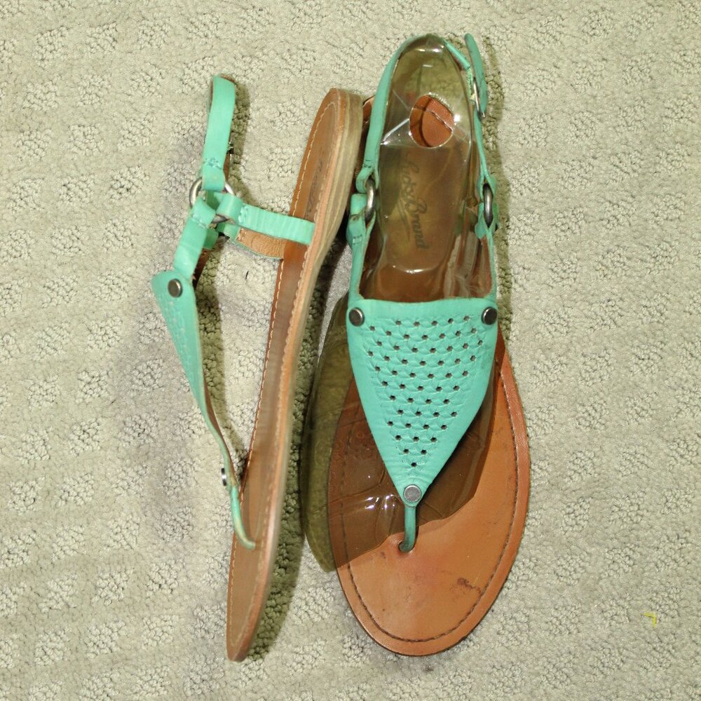 Lucky Brand Abel Size 7.5 Teal Leather T-Strap Flat Slingback Sandals